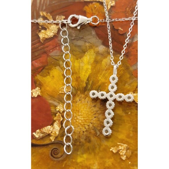 Sterling Silver Created Aquamarine Cross Necklace March Birthstone 18"+2" NWT - Picture 9 of 10